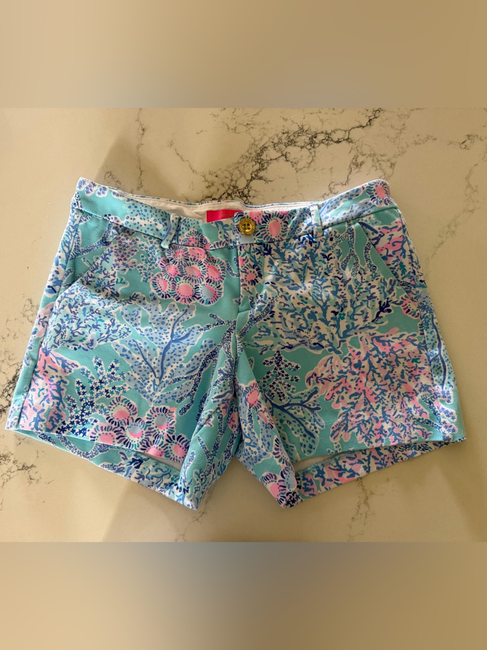 Lilly Pulitzer Pink-Trimmed Aqua Patterned Shorts